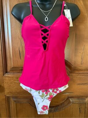 Women’s Hot Pink Crisscross Tankini Top with Floral White Bikini Bottom